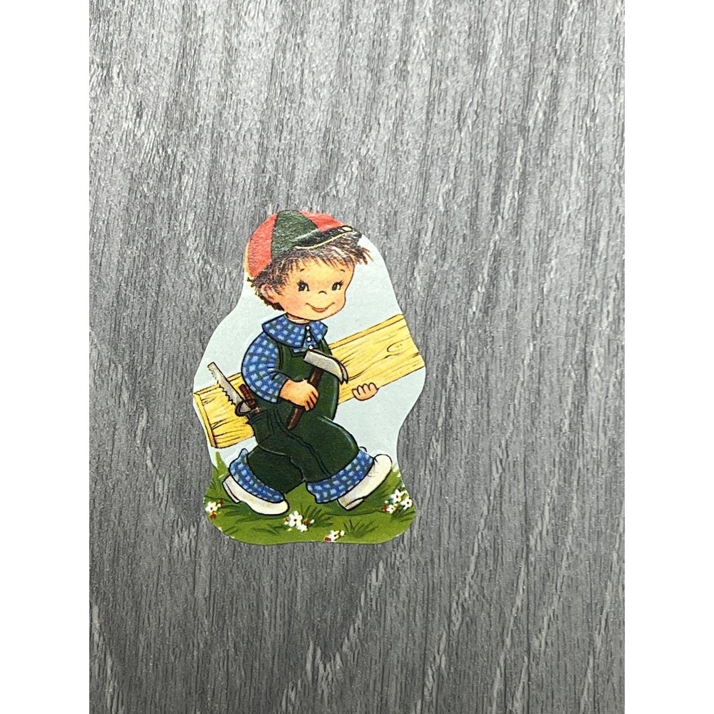 Vintage Die-Cut Decal Scrap Little Boy Carpenter Saw Hammer Wood Ephemera